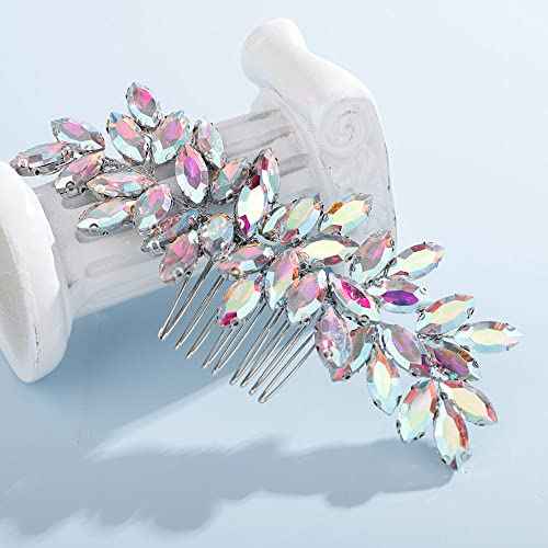 Teyglen Women's Full Rhinestones Hair Comb - Shiny Bridal Side Comb, AB Color, Metal, 15 cm, Luxurious Hair Accessory for Special Occasions