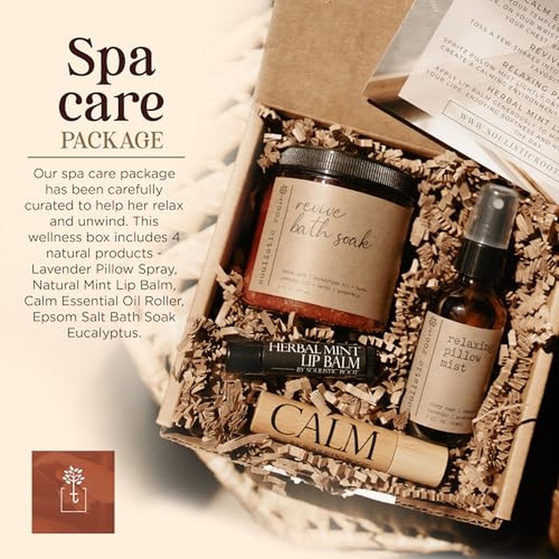 SOULISTIC ROOT Spa Kit for Women ? Relaxing Self Care Gift Set with Lavender Pillow Spray, Mint Lip Balm, Calm Essential Oil Roller & Epsom Salt Bath Soak ? Luxury Pampering Package for Home & Bath
