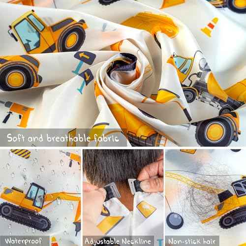Gealaek Kids Haircut Cape and Neck Duster Brush Set with Construction Site Pattern Kids Barber Cape 55x40 Inches for Boys & Girls Salon Cape Kit (White)