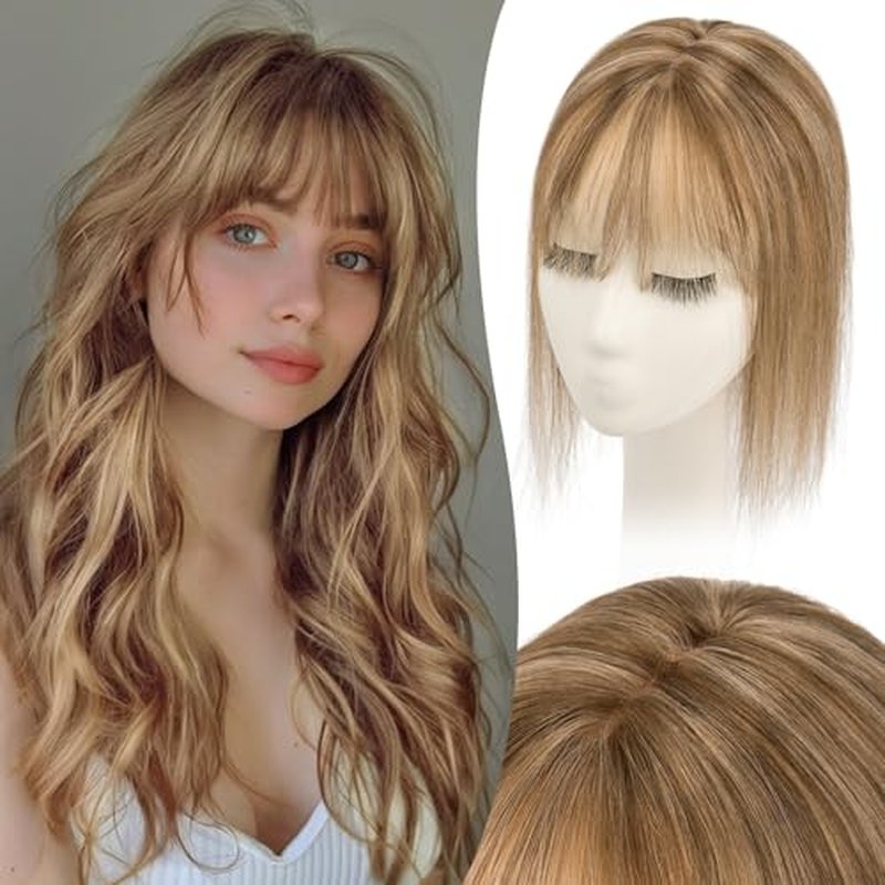 S-noilite Hair Toppers for Women with Bangs Real Human Hair 360¡Æ 3D Cover Clip in Bangs 2X6 Coverage Clip in Hairpiece for Women with Thinning Hairline 14Inch (Medium Brown/Dark Blonde)