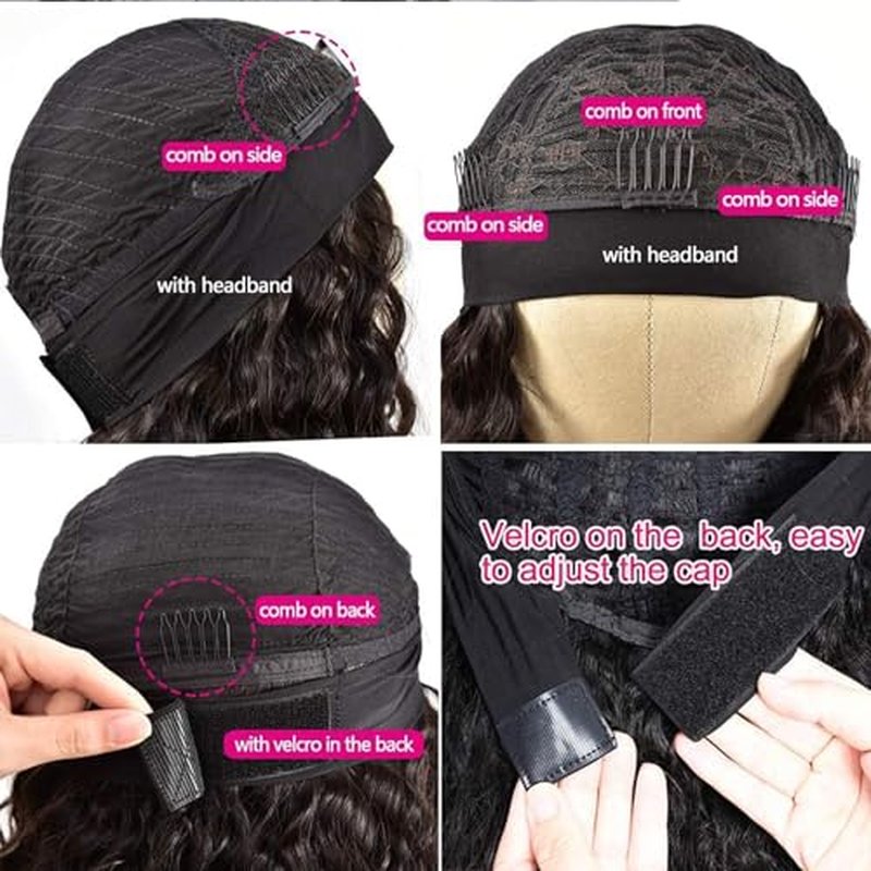 Deep Wave Headband Wig Human Hair 24 Inch Curly Headband Wigs for Black Women Human Hair Glueless None Lace Front Wigs Brazilian Virgin Hair Wig Machine Made 150% Density Natural Black Color