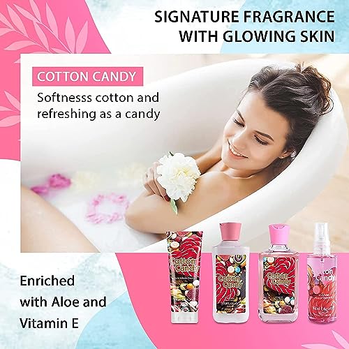 Cotton Candy Bath and Body Gift Set - 4-Piece Travel Kit with Body Lotion, Shower Gel, Body Cream & Fragrance Mist (3 Fl Oz) - Natural Extracts, Personal Self Care Kit for Women/Men