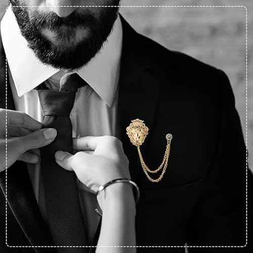 Knighthood Vintage Men Golden Crowned Lion King With Stone Hanging Chain Brooch Pins Lapel Pin, Suit Coat for Women Accessories