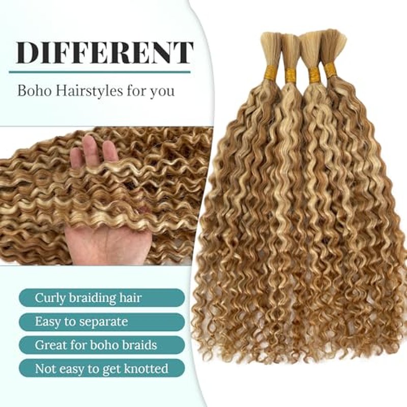 Blonde Curly Human Braiding Hair for Boho Braids 150g 24 Inch Wet and Wavy Long Boho Hair for Braiding Knotless Highlighted 27p613 No Weft Bulk Bohemian Human Hair 3 Bundles/Pack