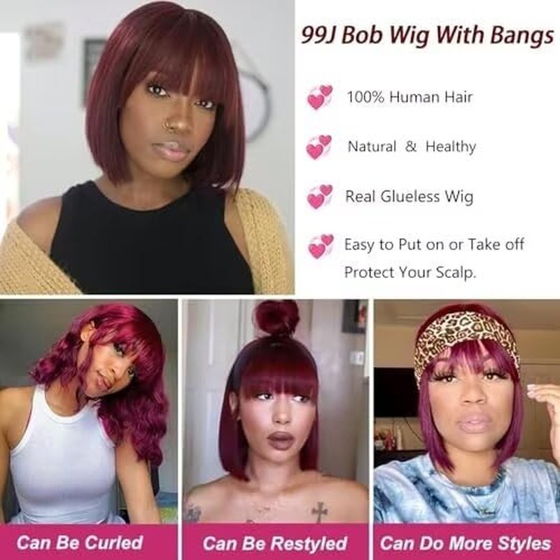 Bob Wig with Bangs - Glueless Human Hair Straight Layered Bob | 10-Inch 99J Color