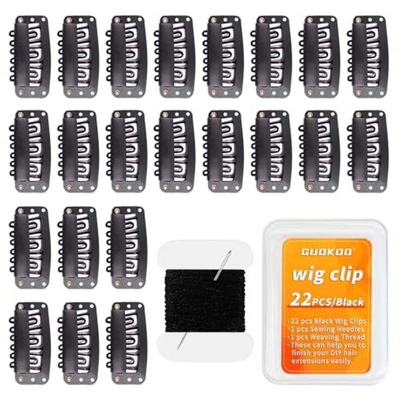 22 pcs 32mm Hair Extensions Clip Ins 6-Teeth U-Shape Black Hair Clips, with DIY Needle and Thread Kit - Snap Hair Clips for Wig Clips