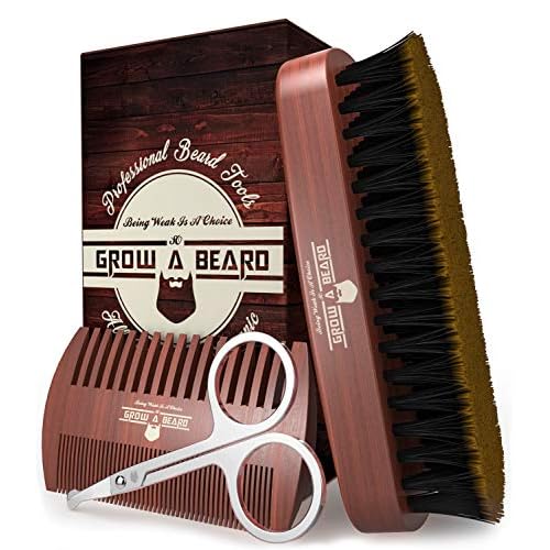 Beard Brush For Men & Beard Comb Set w/Mustache Scissors Grooming Kit, Natural Boar Bristle Brush, Dual Action Wood Comb, And Travel Bag Great For Christmas Gift