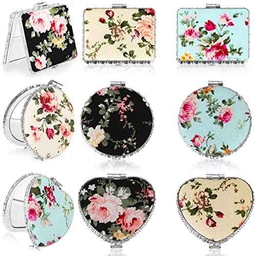 Blulu 9 Pcs Vintage Floral Compact Mirror for Purse Bulk Small Folding Pocket Mirror Portable for Women Makeup Beauty Gifts, Round Square Heart(Silver,Peony Pattern)