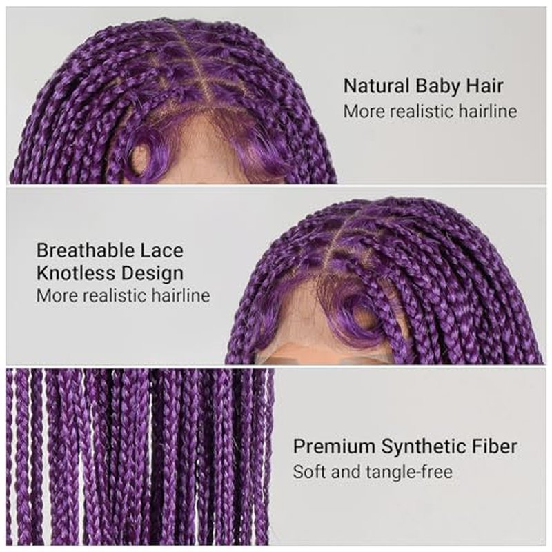 YMSGlRL 36 Inch Purple Knotless Braided Wigs for Women Box Braided Full Lace Premium Synthetic Wig with Baby Hair Long Box Braid Wig with Natural Hairline Look