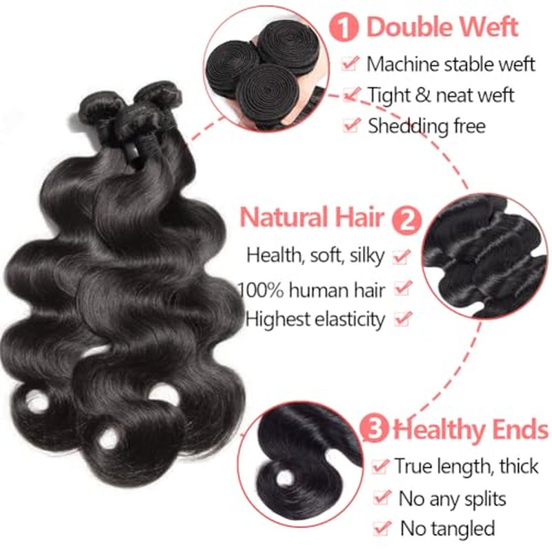 Bundles with Closure Human Hair (18 20 22+16) Body Wave 3 Bundles with 5x5 HD Closure 100% Human Hair 12A Unprocessed Virgin Hair Natural Black