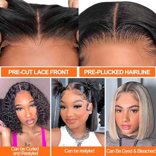 AISI Bob Wig Human Hair Glueless Wigs Human Hair Pre Plucked Pre Cut 4x4 HD Lace Front Put On and Go Glueless Wigs Human Hair 180% Density Short Straight Bob Wigs for Black Women 8 inch