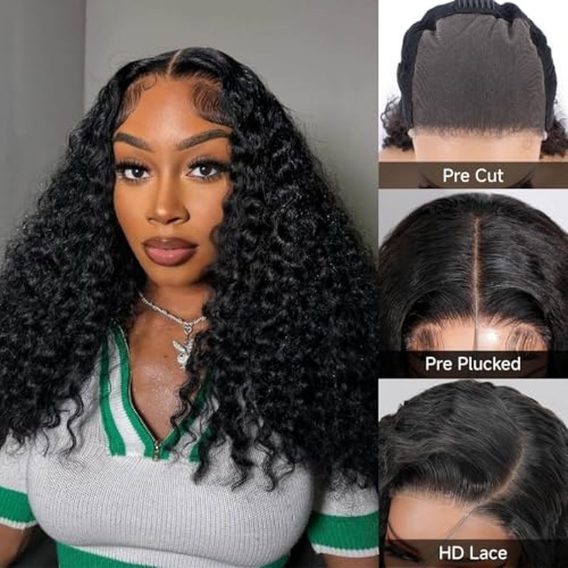 Wear and Go Glueless Wigs Human Hair Pre Plucked Pre Cut 18 Inch Deep Wave 5x5 HD Lace Closure Wigs Human Hair 200 Density with Baby Hair Deep Curly Wig for Black Women