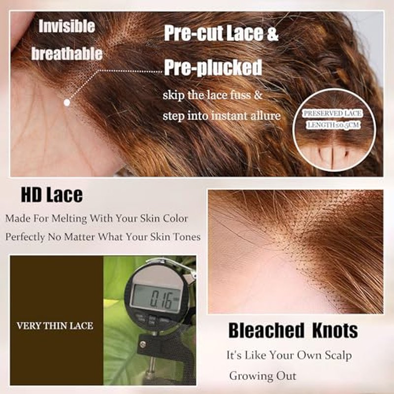 Ombre Highlight Glueless Wigs Human Hair Pre Plucked Pre Cut Curly Closure Wear and Go Glueless Wigs Human Hair Middle Part Balayage Water Wave Lace Frontal Human Hair Wigs for Black Women 4/27 18Inch