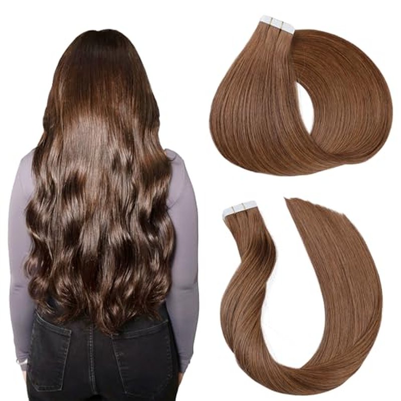 Tape in Hair Extensions,Real Human Hair Extension,Brown Human Hair 24 inch 20pcs 50g,Thick Ends Straight Seamless, Invisible Tape in Hair Extensions Human Hair