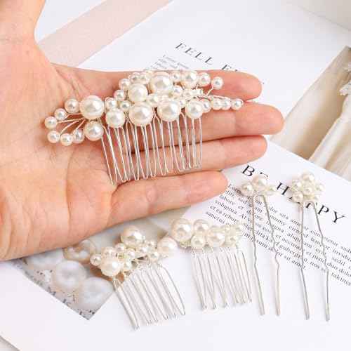 Wedding Pearl Hair Combs Set of 5 PCS - Elegant Hair Accessories for Bridal Women (Silver)
