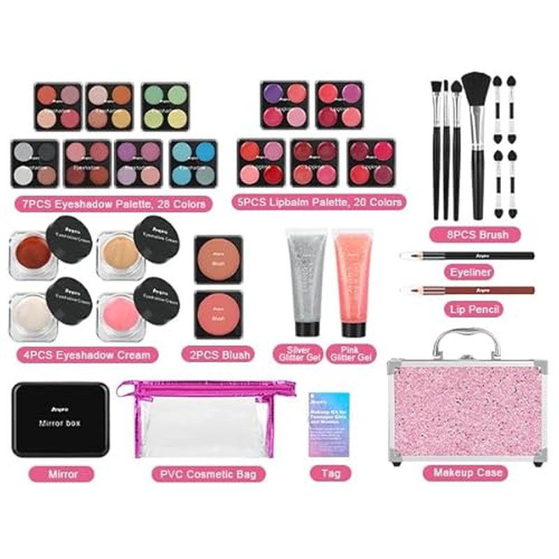 Anpro All-In-One Makeup Kit for Girls 10-12 with Case, Pro Teen Makeup Set, Tween Makeup Kit for Teens Women, Full Make Up Starter Kit with Brushes, Lipstick, Eye Shadow, Palette, Blush, Glitter Gel