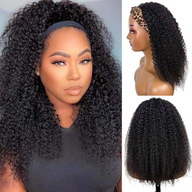 Kinky Curly Headband Wig Human Hair 24 Inch Headband Wigs for Women Human Hair Glueless None Lace Front Curly Wave Wigs Brazilian Virgin Hair Wear and Go Glueless Wig 150% Density Natural Black Color