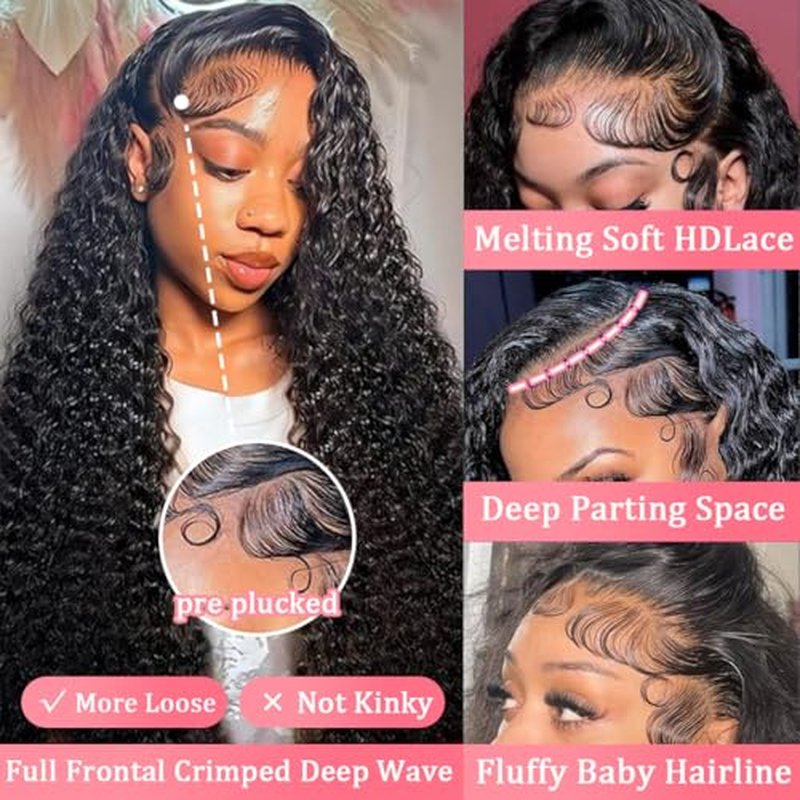 13x6 Deep Wave Lace Front Wigs Human Hair Wigs for Women 200 Density HD Transparent Deep Curly Lace Frontal Wigs Human Hair Pre Plucked with Baby Hair Natural Color 24 Inch