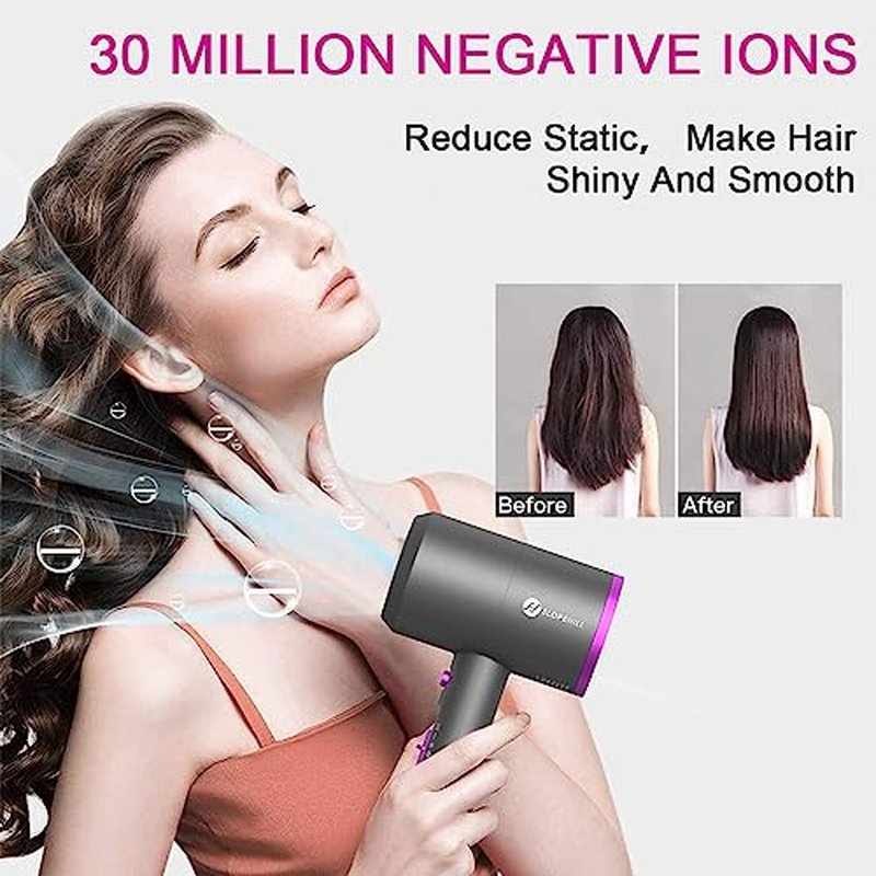 slopehill Professional Ionic Hair Dryer, Powerful 1800W Fast Drying Low Noise Blow Dryer with 2 Concentrator Nozzle 1 Diffuser Attachments for Home Salon Travel
