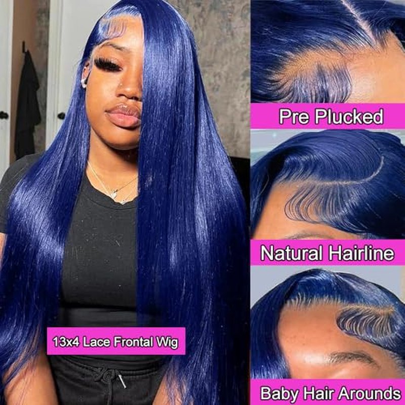 Blue Lace Front Wigs Human Hair 26 Inch Straight 13x4 HD Transparent Dark Blue Lace Front Wig Human Hair Wear and Go Glueless Wig Pre Plucked with Babyhair Colored HD Lace Frontal Wigs For Black Women