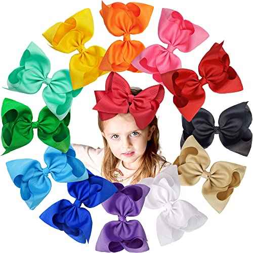 C?LLOT Hair Bows for Girls, 8inch Oversize Large Boutique Grosgrain Ribbon Hair Bows Alligator Hair Clips, 12 Pack