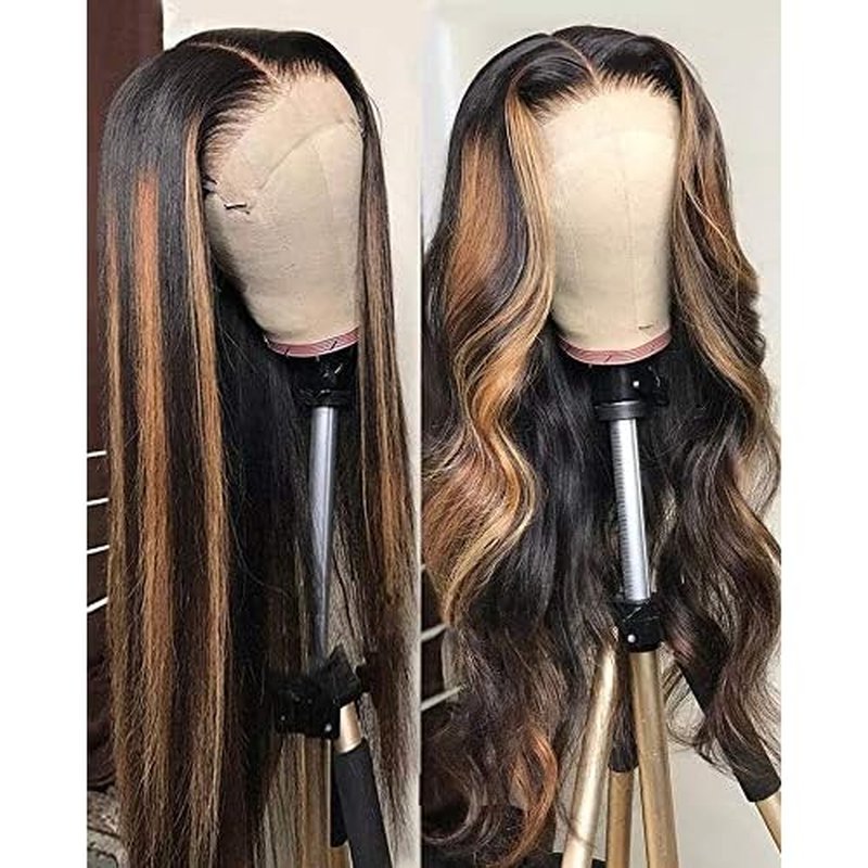 Silky Straight Ombre Honey Blonde Lace Front Wig 22" Highlights Human Hair for Women Pre Plucked Ombre 13x4 Lace Front HD Transparent Wig Black Mixed Brown Hair with Roots Can be Curled 150% Density