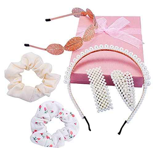 Pearl Headband Hair Accessories Set Leaf Headband White Faux Pearl Rhinestones Hair Clips Girls Elegant Hair Accessories Kit with Large intestine Hair Ring for Party Wedding Daily (#2)