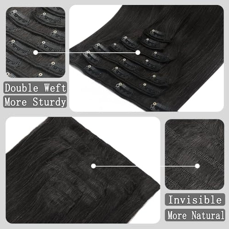 Clip in Hair Extensions Real Human Hair 100% Brazilian Remy Human Hair Seamless Invisible clip on hair extensions for women Double Weft 7pcs 16 Inch 85g #1B Natural Black