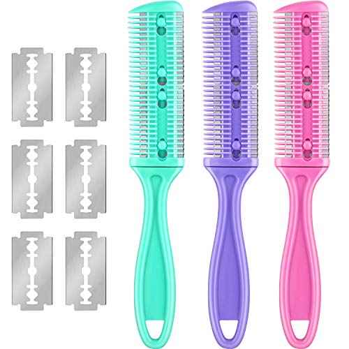 3 Pieces Hair Cutting Comb Set with 10 Razors, Double Edge Razor, Thinning Comb for Slim Haircuts (Green, Purple, Pink)