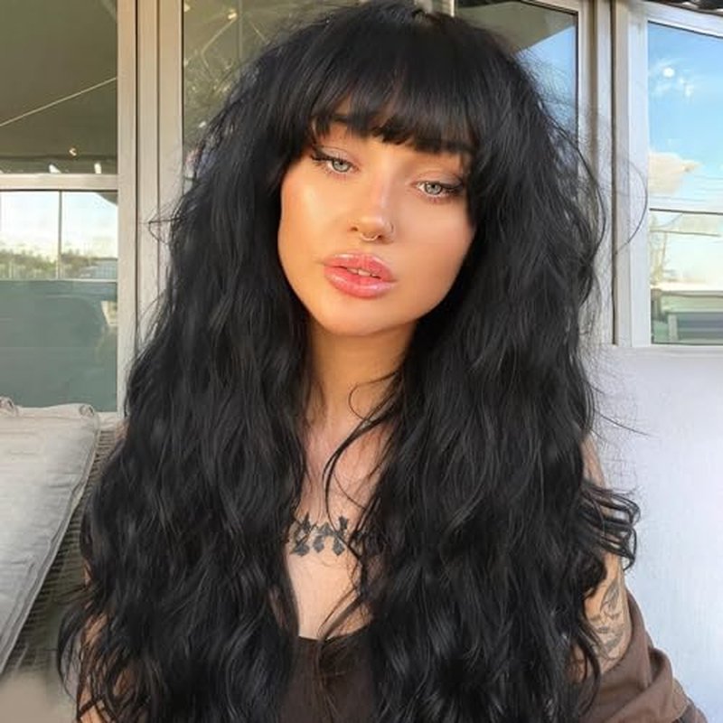 Human Hair Wigs Natural Wave Human Hair Wig with Bangs for Black Women 18 inches None Lace Front Wear and Go Glueless Human Hair Wig