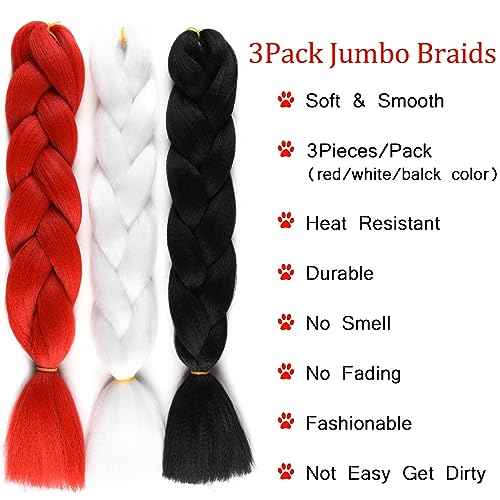 Alileona Jumbo Braiding Hair Extension 24inch Jumbo Box Braiding Hair Synthetic Fiber for Twist Braiding Hair, Bubble Braids Hair Extensions 3 Bundles/Lot (Red-White-Black)