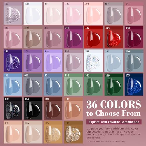 AZUREBEAUTY 170Pcs Dip Powder Nail Kit, 36 Colors Fall Winter Red Glitter Brown Dipping Powder Starter Christmas with Top/Base Coat Activator & Removal Accessories Set for French Manicure Salon