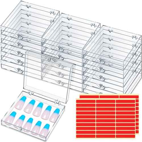 Landhoow 30-Piece Press on Nail Storage Box with 60-Piece Double-Sided Tape Acrylic Nail Display Case Packaging Organizer for Art Home Business Salon(Clear)