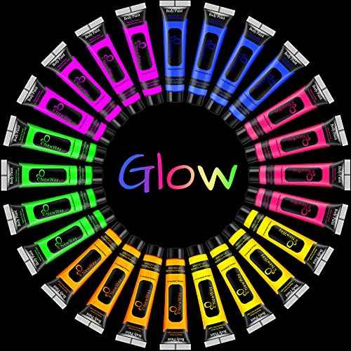 NewWay Glow in the UV Dark Body Paint Luminous Neon Paint, 1 FL.Oz x 24 Pcs in 6 Colors Party Supplies Black light Paint Water Soluble UV Light Makeup for Party Cosplay