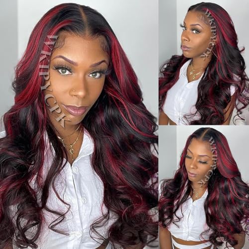 Red Highlight Lace Front Synthetic Wig Black Hair with Red Skunk Stripe 13x4 HD Lace Front Wigs Pre Plucked Heat Resistant 24 Inch Long Body Wave Wig for Fashion Women