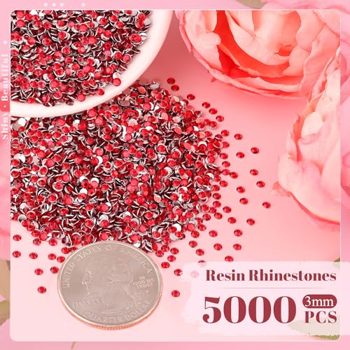 5000PCS 3mm Resin Rhinestones in Bulk (Red), Bedazzling Flatback Crystals for Crafts DIY Nail Decoration, Gems Charms for Tumbler Shoes Clothing Fabric with Pickup Pen and Tweezers