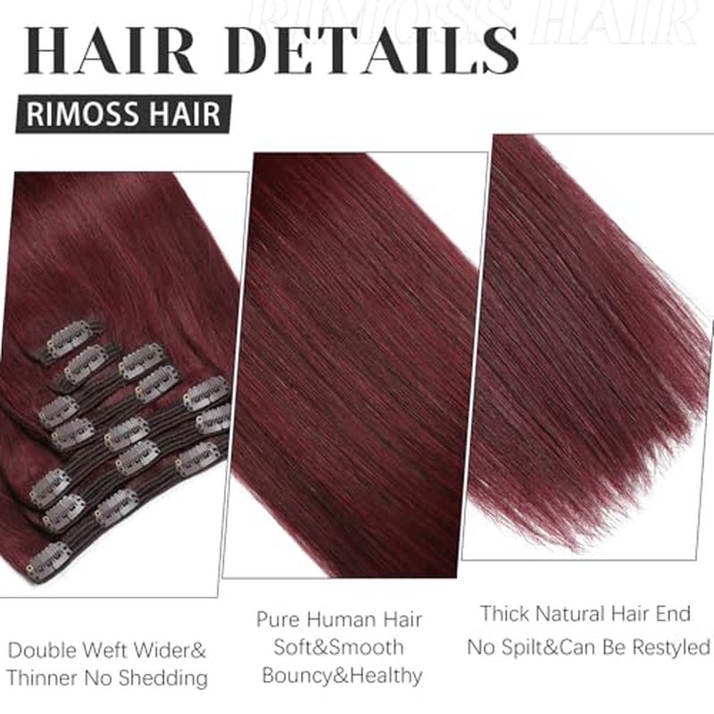 Clip in Hair Extensions Real Human Hair - 160g 20 Inch 7pcs, Burgundy Red Color - Premium Soft Hair Extensions Real Human Hair Clip ins Straight Double Weft for Women (#99J 20 Inch)