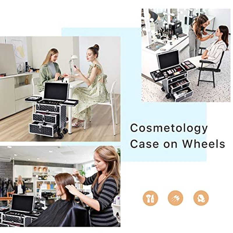 FRENESSA Professional Rolling Makeup Case Aluminum Trolley Train Case with 360¡Æ Swivel Wheels for Makuep Artist Travel Cosmetic Organizer with Sliding Drawers for Nail Tech Hairstylist Barber, Black