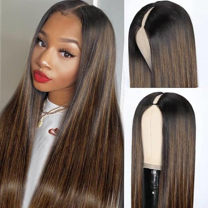 Glueless #FB30 Ombre V Part Wigs Human Hair Balayage Brown Straight Human Hair Wigs for Black Women Highlight Upgrade U Part Wig Full Head Clip In Half Wig No Leave Out 180% Density 20 Inch
