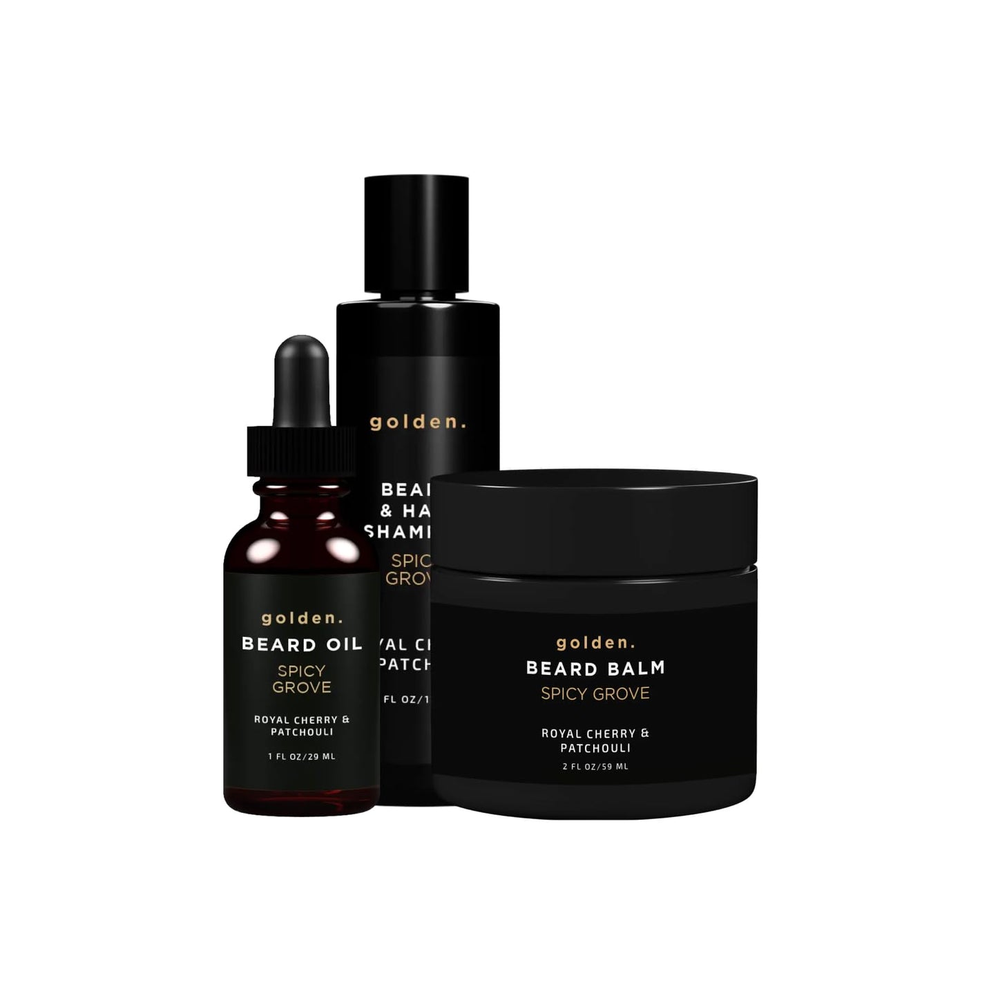Golden Grooming Beard Bundle (Regular Starter Kit) 4oz Shampoo, 2oz Balm, 1oz Oil - Spicy Grove
