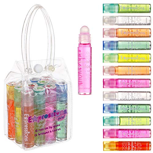 Expressions girl 12pc Roll On Lip Gloss Set with Carrying Case, Glossy Lip Make-up for Kids and Teens - Fruity Flavors, Non Toxic, Kid Friendly, Party Gift, Best Friends