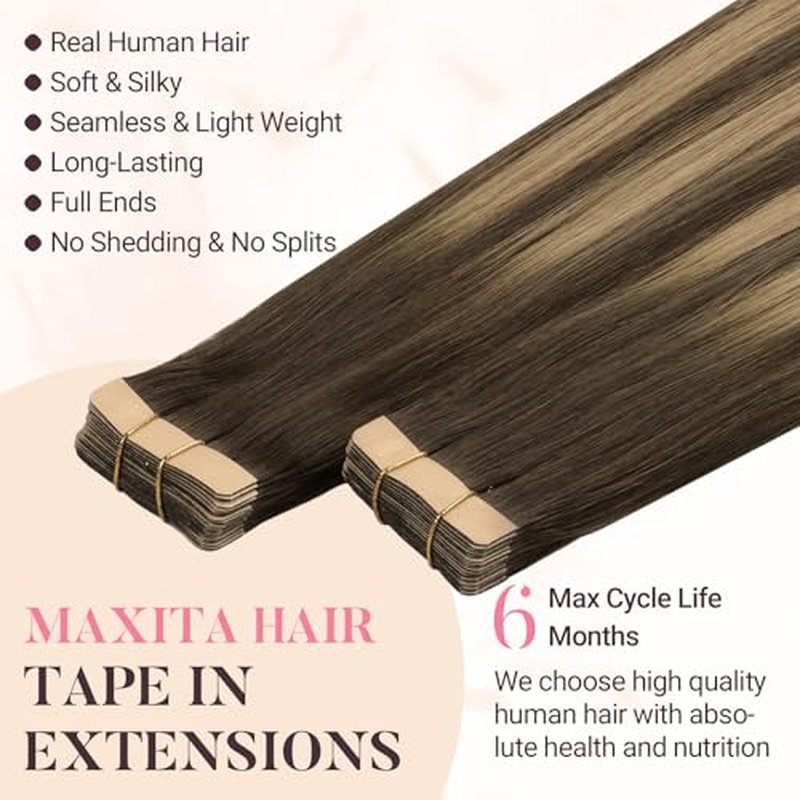 MAXITA Tape in Hair Extensions Human Hair 4/27/4 Chocolate Brown Mixed Caramel Blonde Balayage 18 Inch 100g 40pcs Thick Ends Straight Seamless Tape ins Remy Invisible Tape in Extensions Human Hair