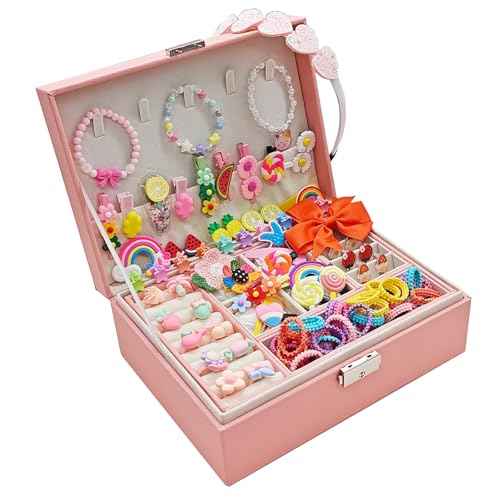 Jewelry Box with Hair Accessories for Girls, Hair Clips/Barrettes/Hair Ties/Bows/Toy Rings/Bracelets/Earrings/Hair Ropes/Hair Elastics, Gift Toys for Teen, Girls aged 4 5 6 7 8-12