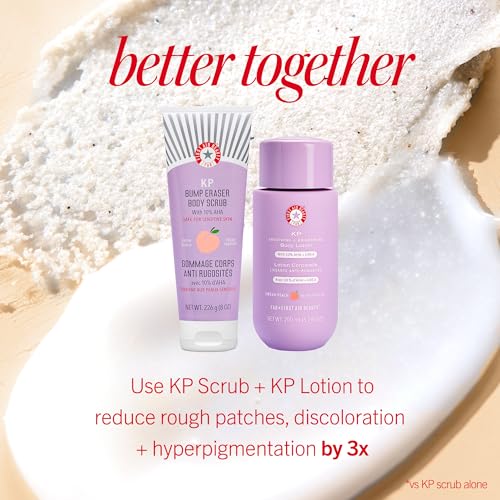 First Aid Beauty - KP Smoothing + Brightening Body Lotion with 10% AHA, Lactic Acid, Urea + Colloidal Oatmeal, Exfoliate & Moisturize, Banish Keratosis Pilaris Bumps, NEW Peach Scent (6. 7 fl oz)