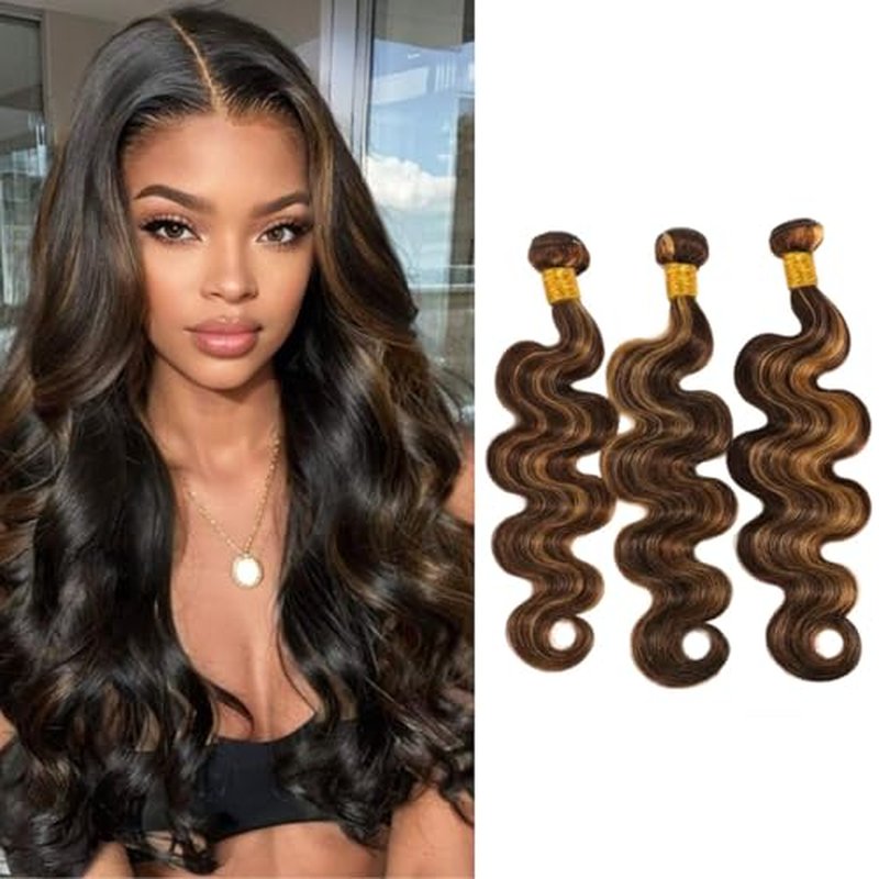 BQRIH 12A Brown Highlight Body Wave Bundles Human Hair 14 16 18 In Brazilian Virgin Wavy Weaves F1B/30 Black and Honey Blonde Ombre 3 Bundles Soft Balayage Colored Human Hair Extensions For Women Remy