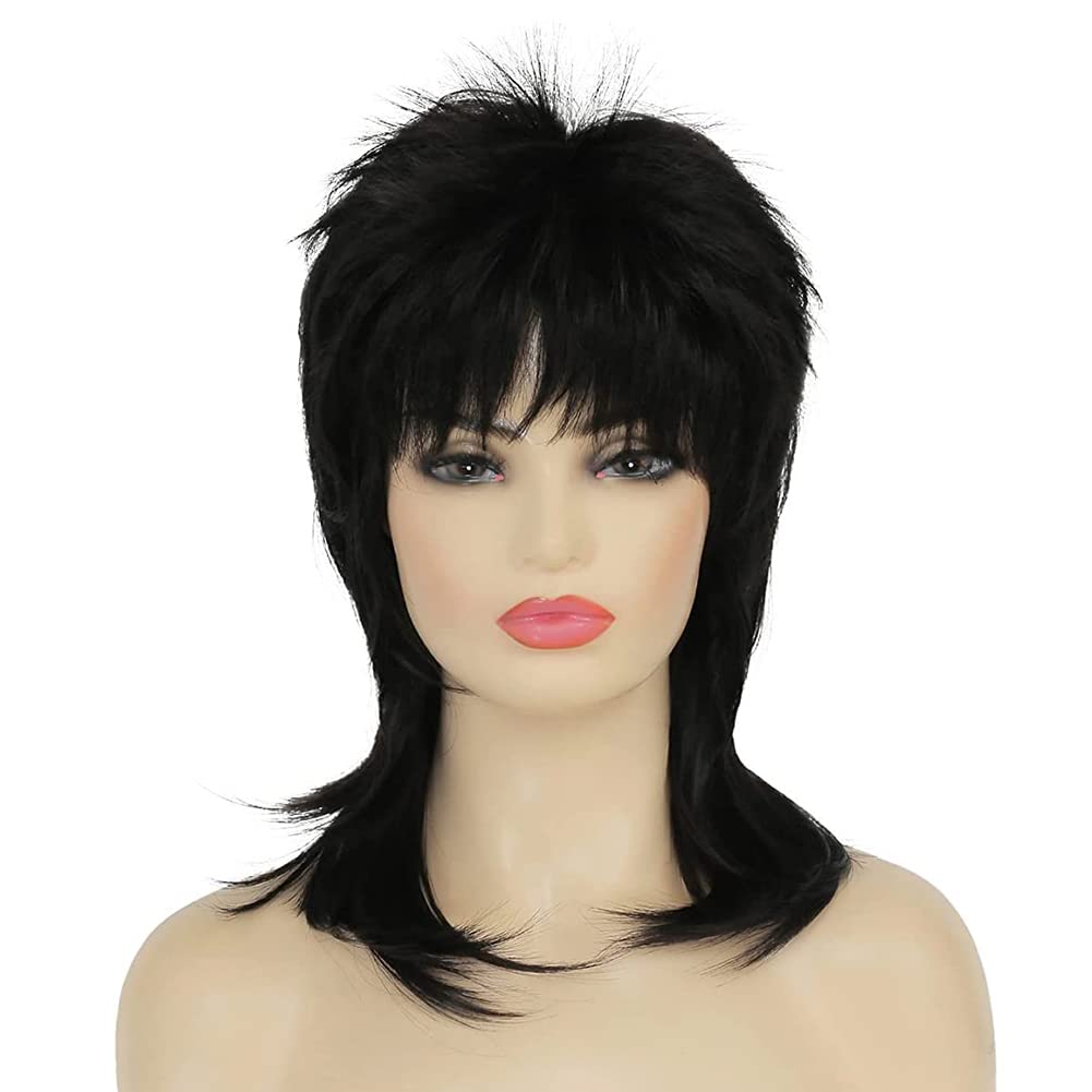Amnenl Mullet Wig for Women Black Shoulder Length Shaggy Layered Wig Curly 80s Wigs Heat Resistant Cosplay Daily Hair Wigs (Black)