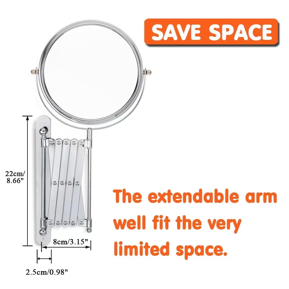 Welllink 8Inch Max Extendable Mirror for Bathroom, Space-Saving Screw Mount, 10X/1X Magnifying Mirror, HD Glass No Distortion Chrome, for Home Cloakroom Gift