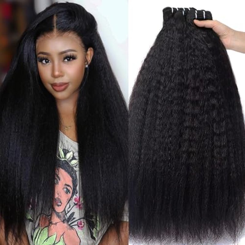 Kinkystraight Human Hair Bundles 3 Bundles 12A 100% Unprocessed Brazilian Virgin Hair Kinky Curly Bundles Human Hair Extensions for Women Quick Weave Yaki Straight Bundles (18 20 22 inch)