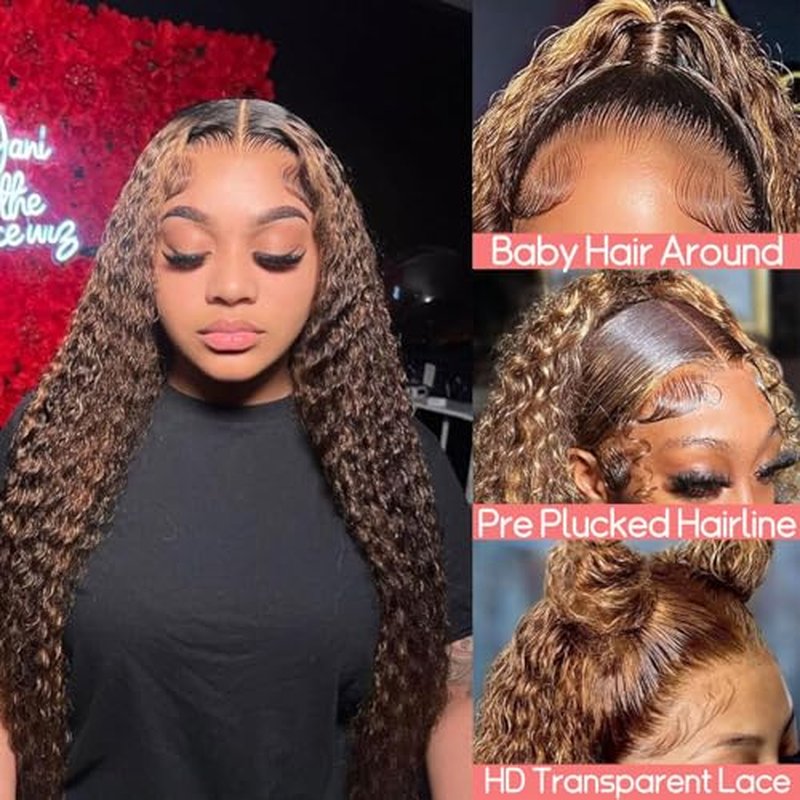 28 Inch Highlight Deep Wave Lace Front Wigs Human Hair 200% Density 13x4 Deep Curly Human Hair Wig Pre Plucked P4/27 Ombre HD Lace Frontal Wigs for Women