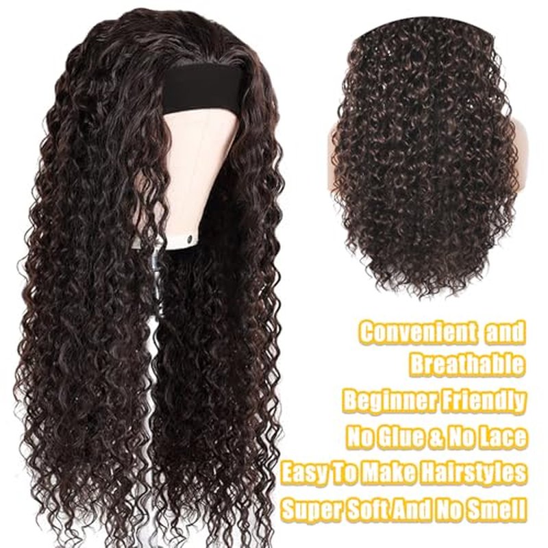 Headband Wig Human Hair Deep Wave Half Wigs Glueless None Lace Front Wigs with Headband Attached Brazilian Human Hair Headband Wigs Glueless Curly Hair for Black Women(24 Inch, Chocolate Brown)